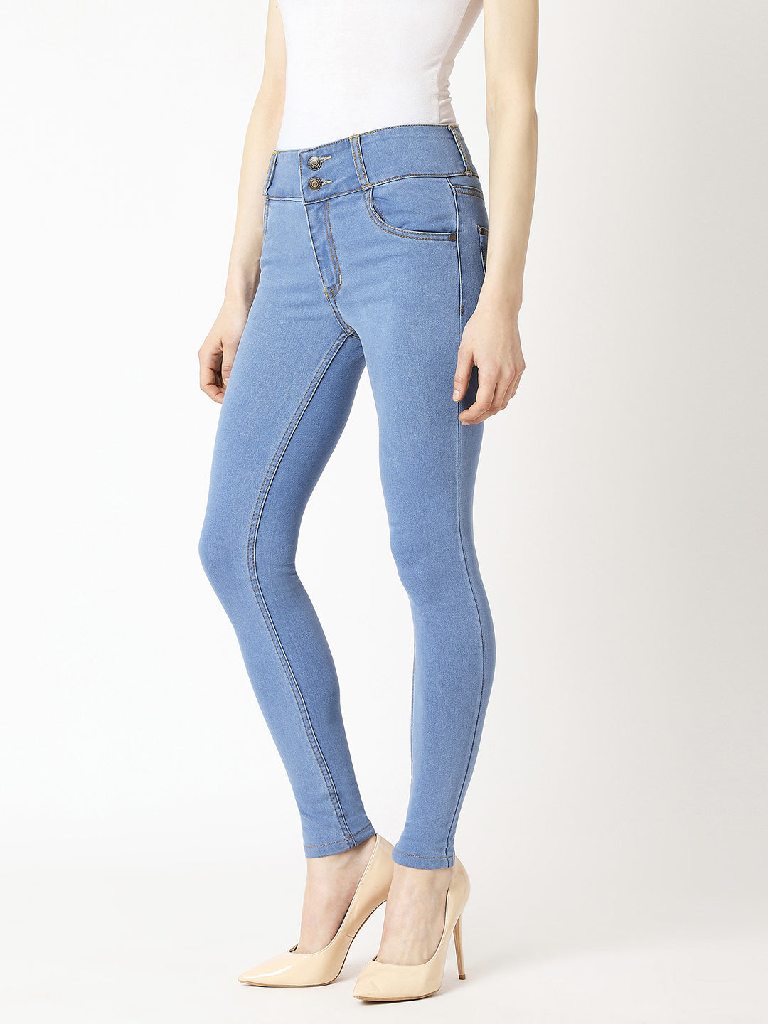 Women's Blue Skinny High Rise  Broad Waist Band  Denim Jeans