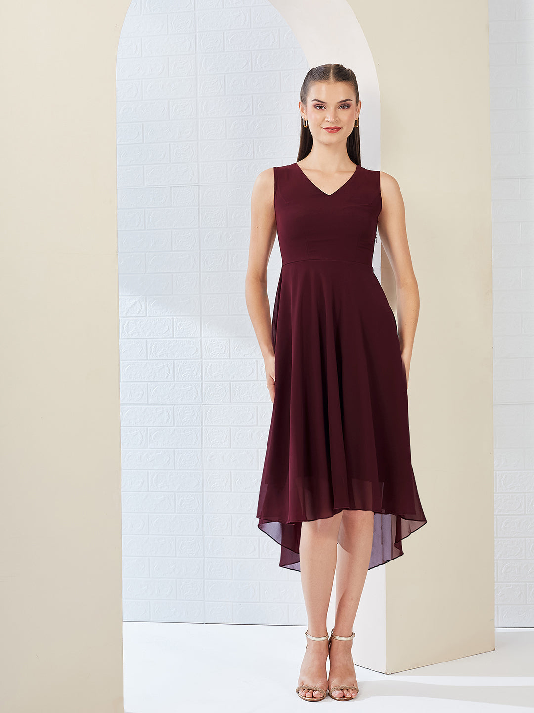 Wine Red V-Neck Sleeveless Solid High-Low Midi Skater Dress for Women