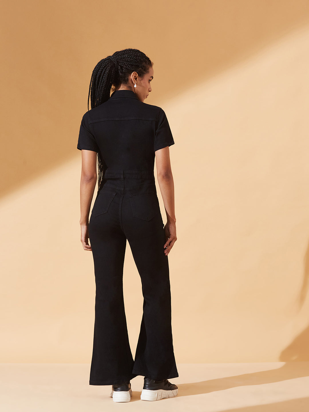 Black Flared High-Rise Regular Stretchable Denim Jumpsuit for Women — Dolce Crudo