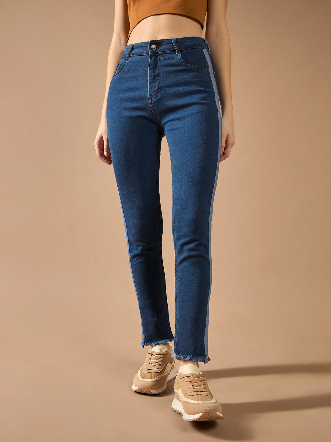 Women's Blue Skinny High-Rise Clean-Look Fringe And Silky Denim Tape Detailing Cropped Denim Jeans