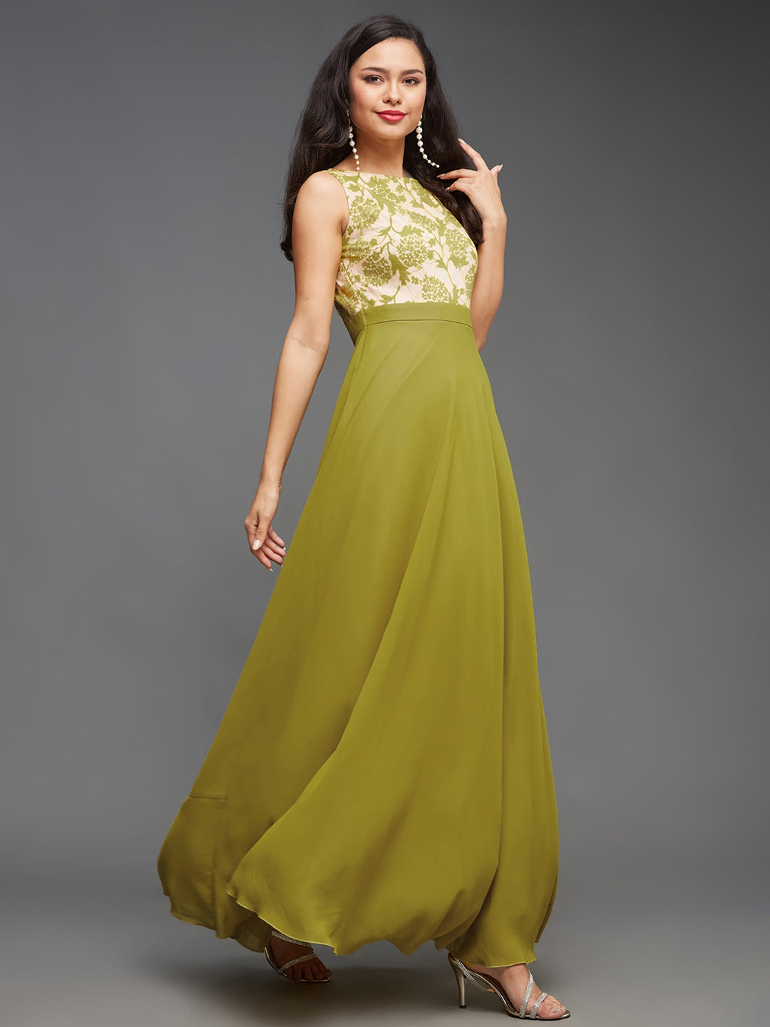 Women's Lemon Green Round Neck Sleeveless Georgette Floral Lace Fit & Flare Maxi Dress