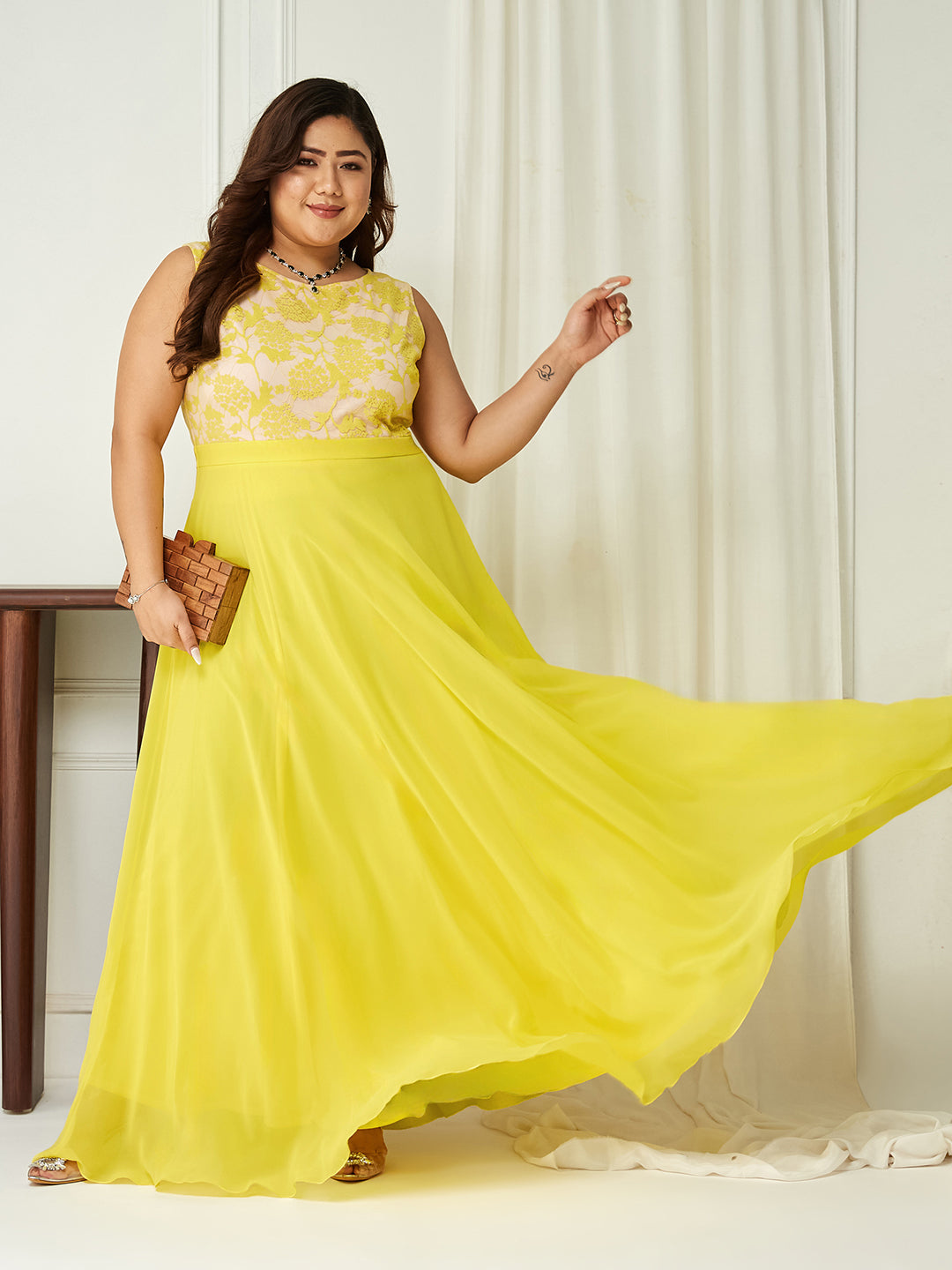 Women's Light Yellow Round Neck Sleeveless Georgette Lace Floral Fit & Flare Maxi Dress