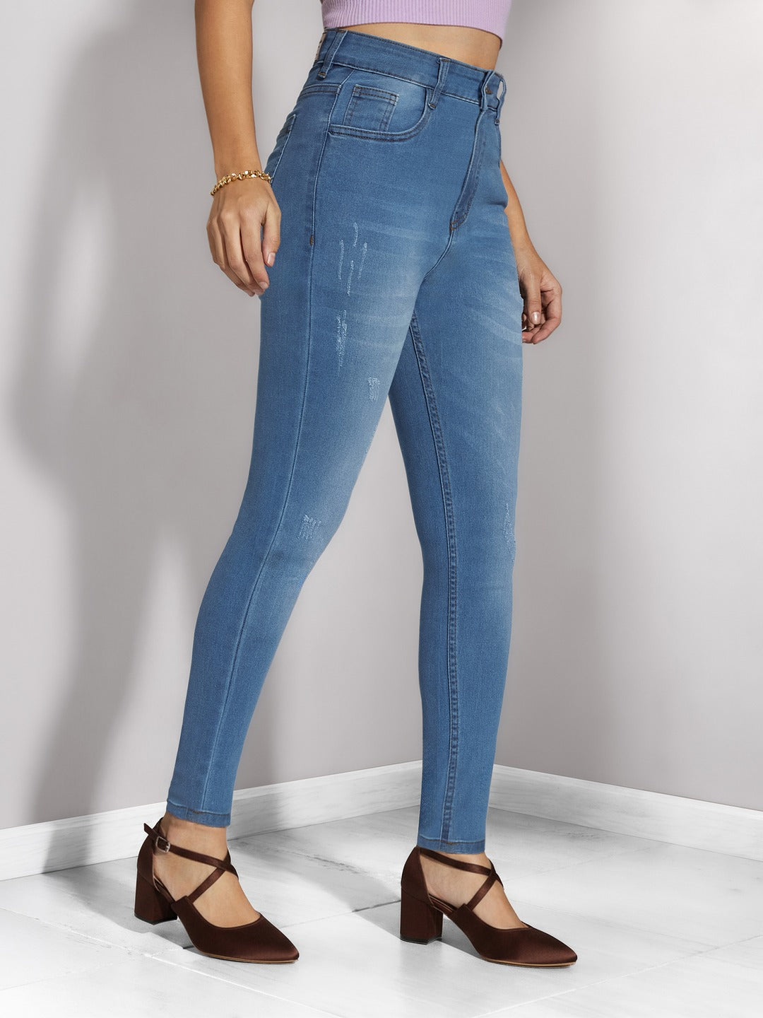 Blue Skinny High Rise Mild Distress Stretchable Denim Jeans for Women