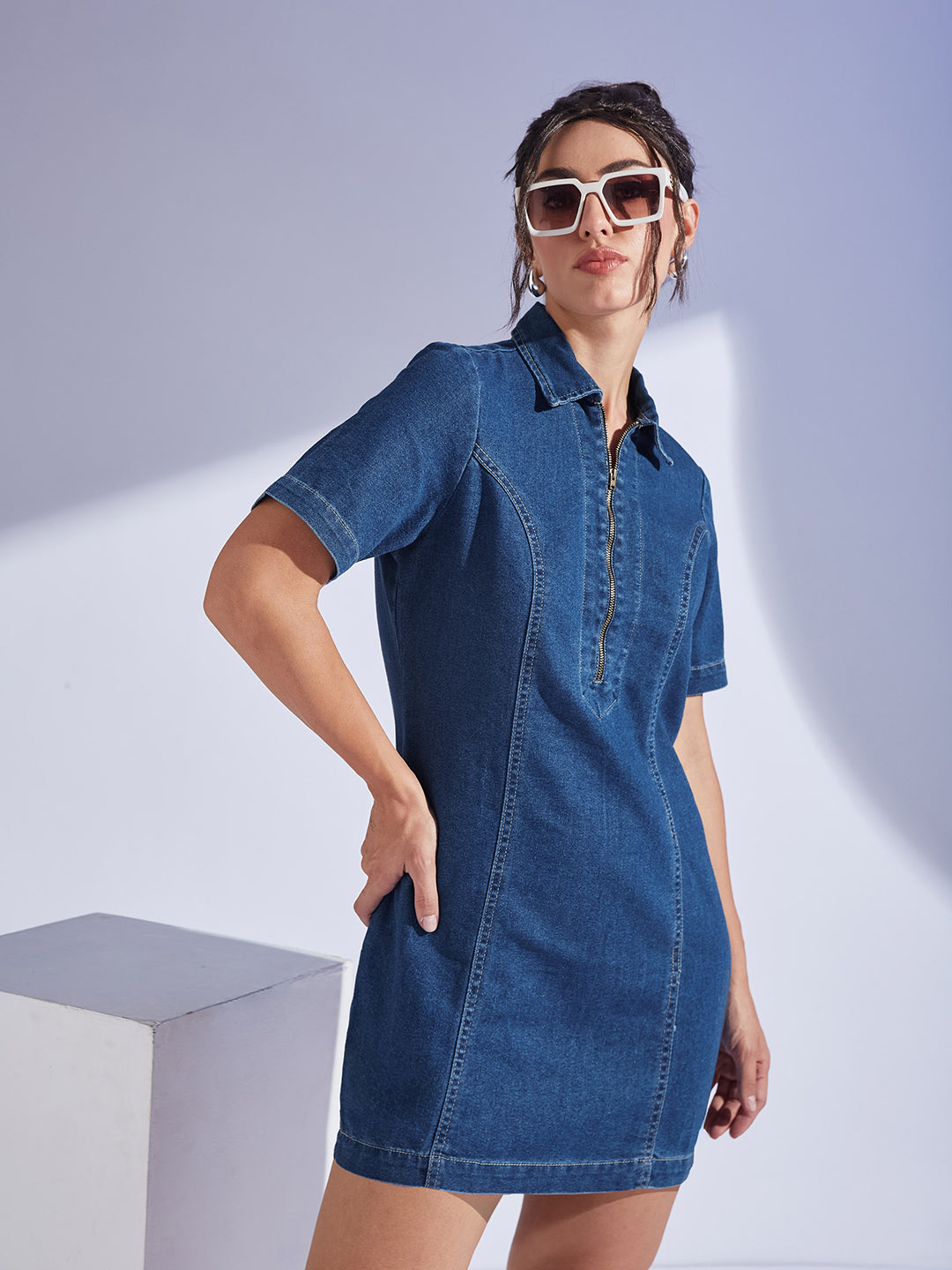 Women's Dark Blue Collared Half Sleeve Princess Seam Sheath Mini Dress