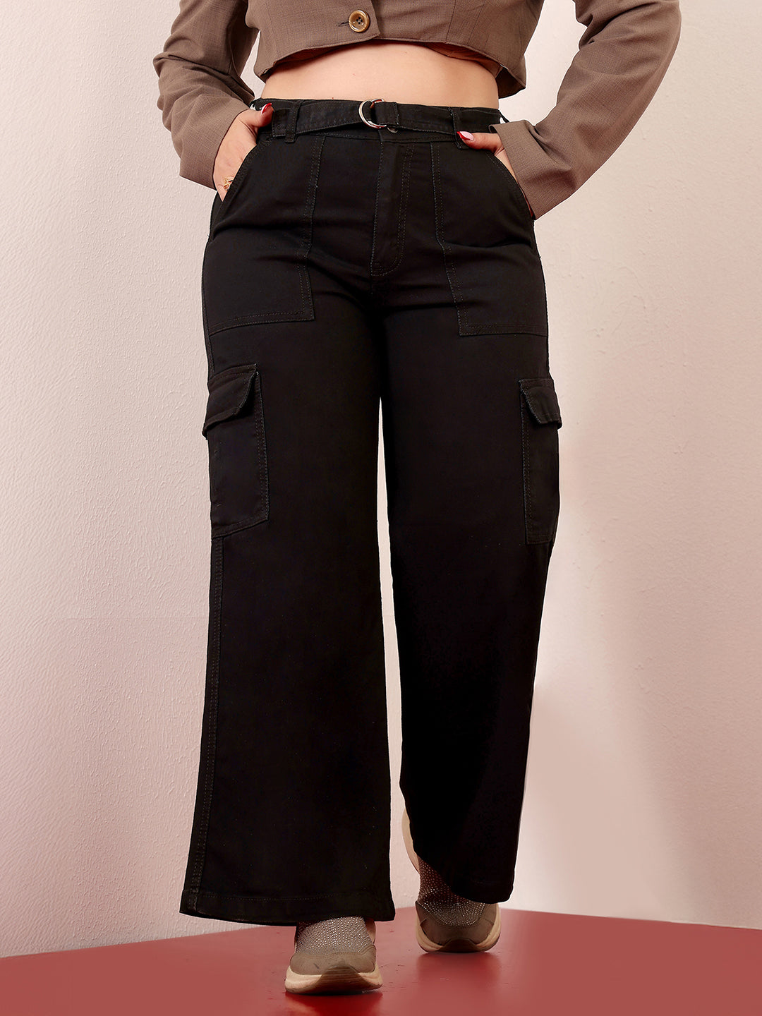 Women's Black Wide-Leg High-Rise Clean-Look Stretchable Denim Jeans