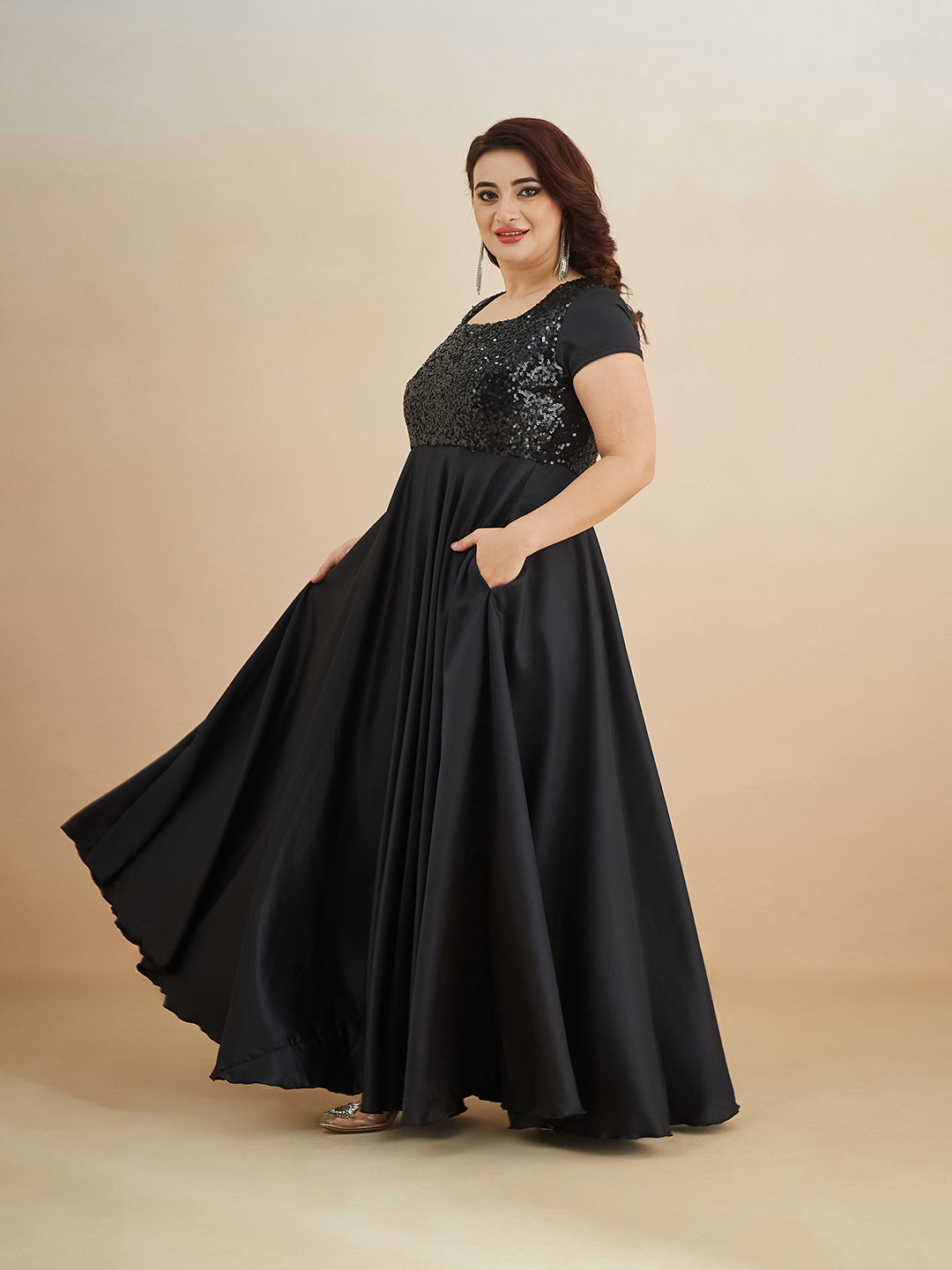 Black Square Neck Short Sleeve Embellished Polyester Fit & Flare Maxi Dress for Women — Miss Chase A+