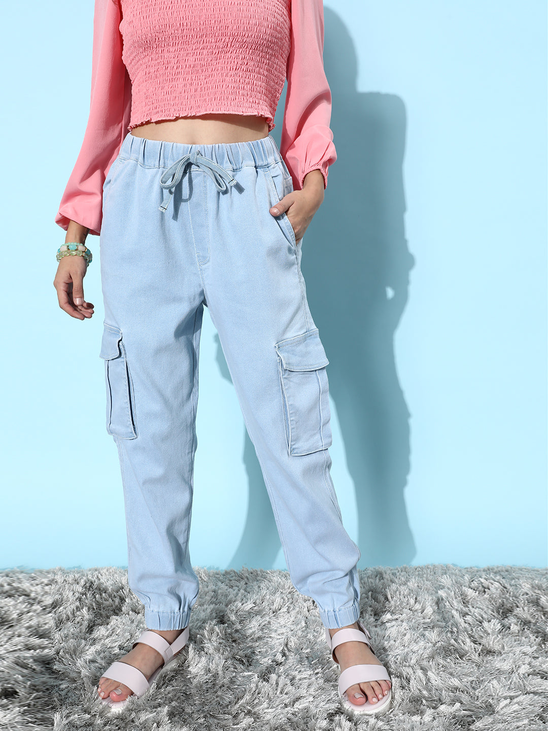 Women's Light Blue Regular High rise Clean look Regular Stretchable Denim Joggers