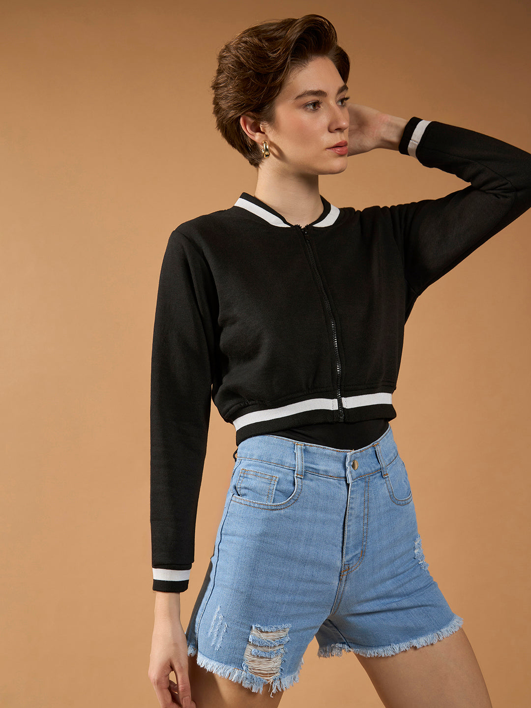 Women's Black V-Neck Full Sleeves Loopknit Rib Solid Bomber Cropped Jacket