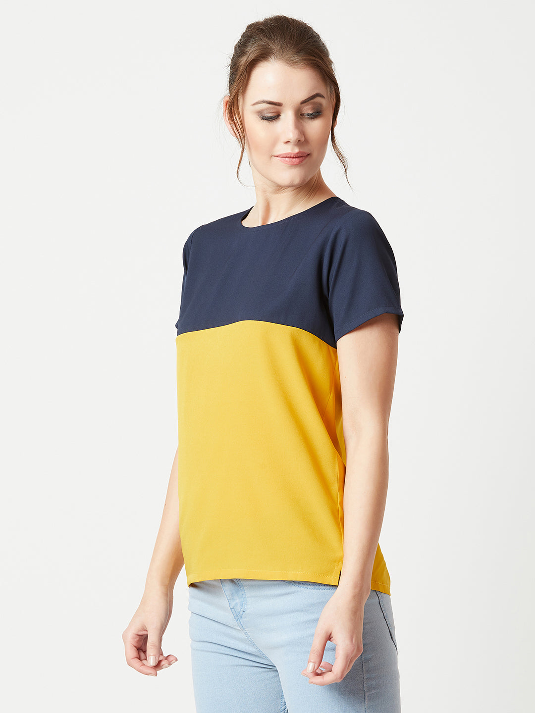 Women's Multicolored With A Navy Blue Base Round Neck Short Sleeve Solid Color block Boxy Top