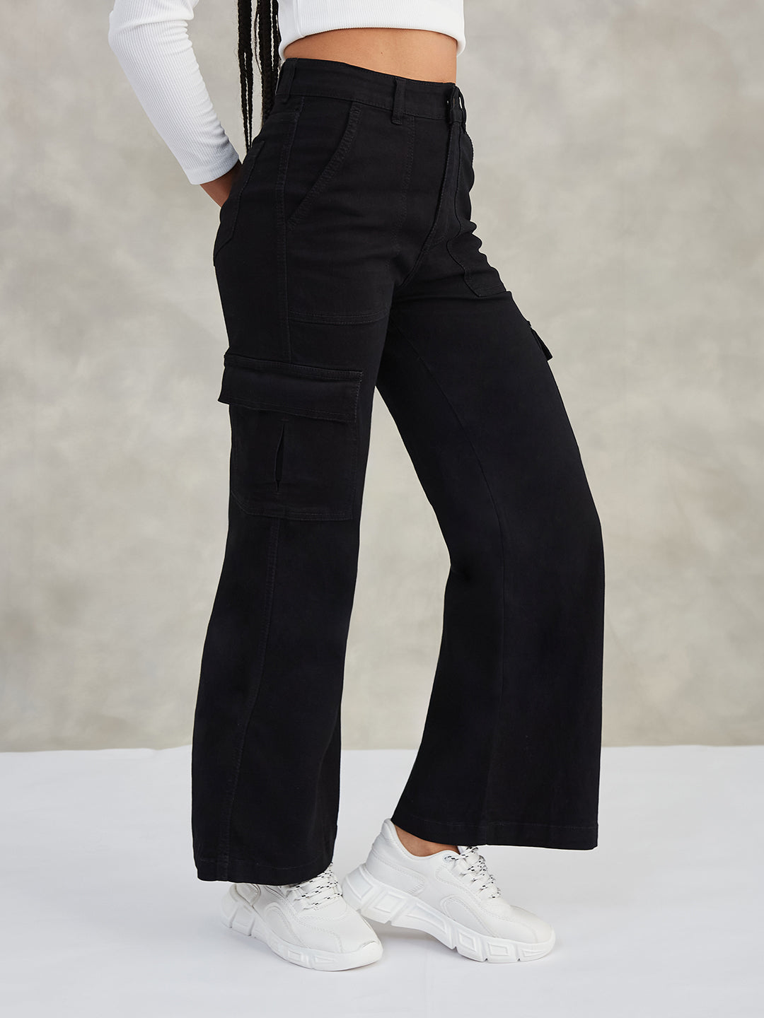 Women's Black Wide-Leg High-Rise Stretchable Denim Jeans
