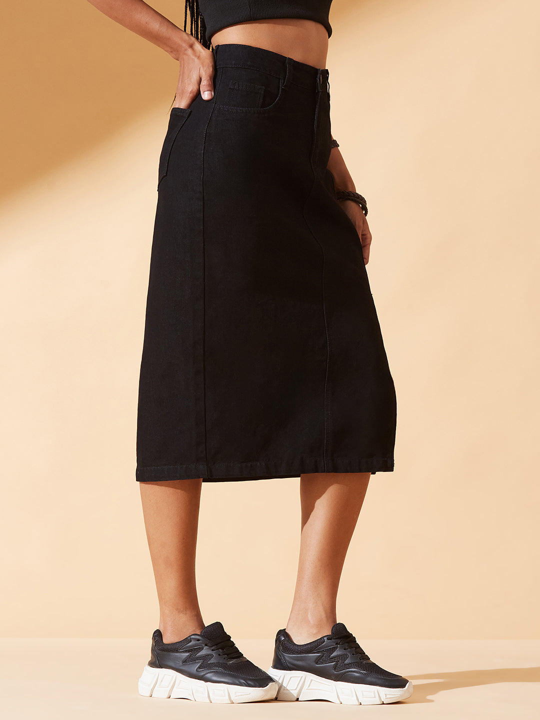 Black Straight-Fit High-Rise Stretchable Denim Midi Skirt for Women
