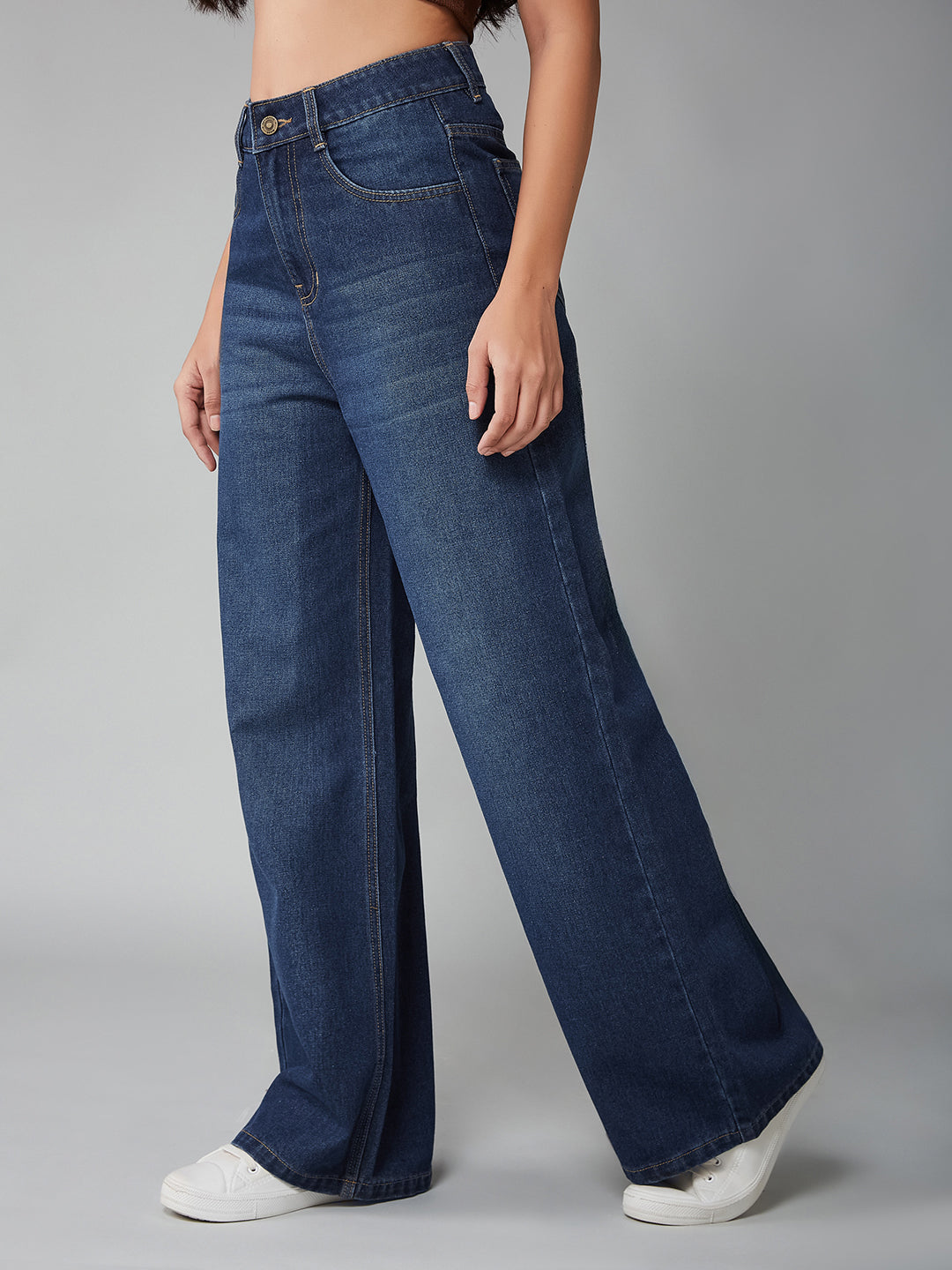 Women's Navy Blue Wide-Leg High-Rise Clean-Look Regular-Length Denim Jeans