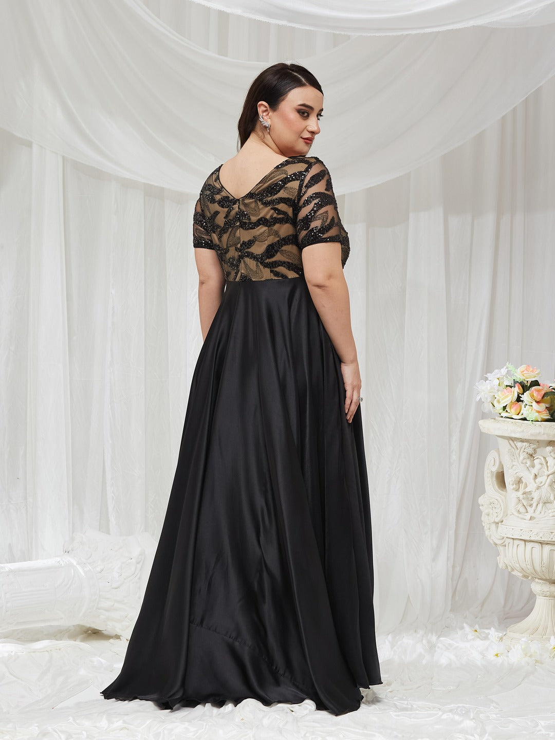 Black Boat-Neck Short-Sleeve Abstract Fit & Flare Satin Maxi Dress for Women — Miss Chase A+