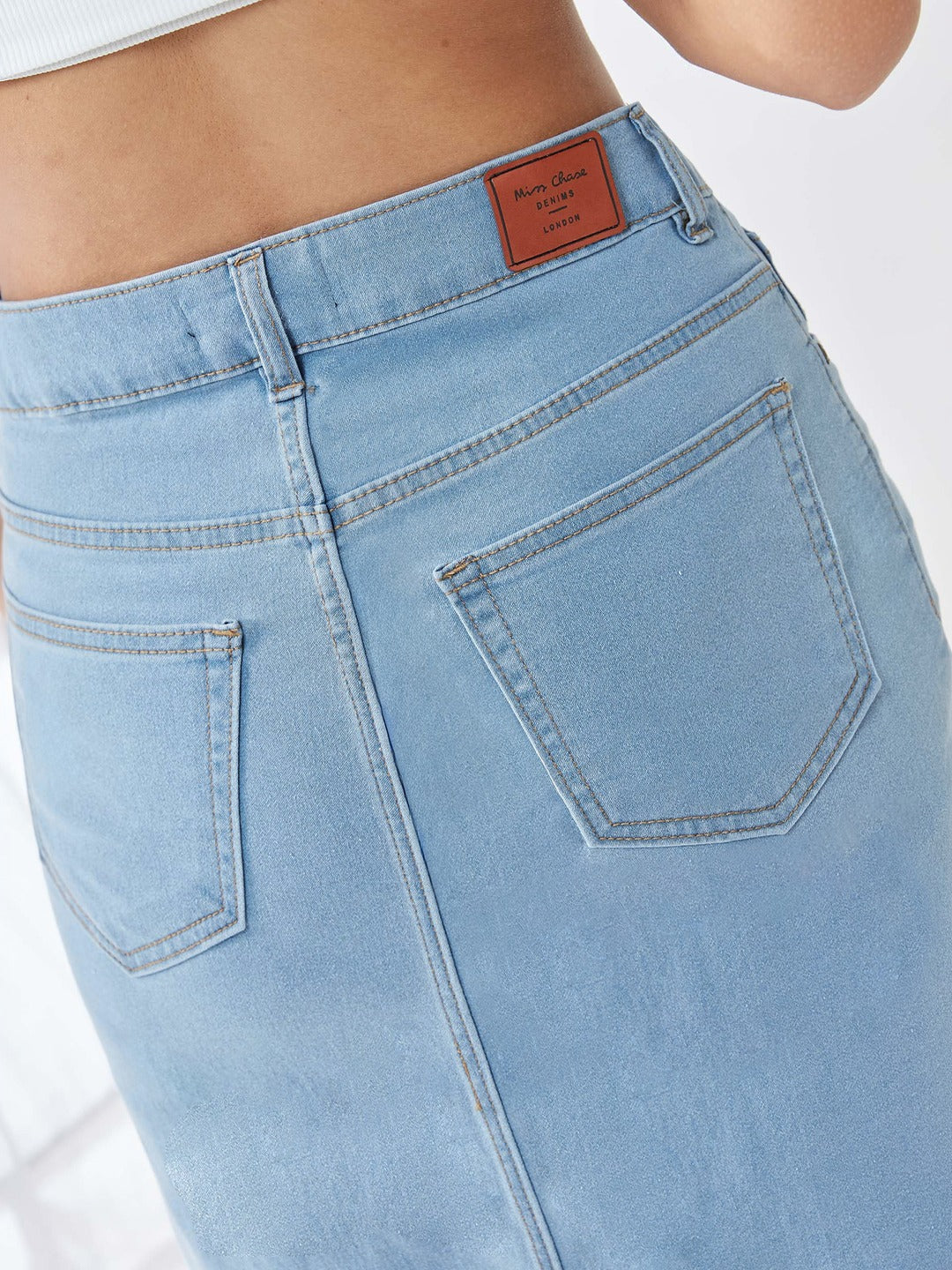 Light Blue Straight High Rise Clean Look Midi Stretchable Denim Denim Skirt for Women