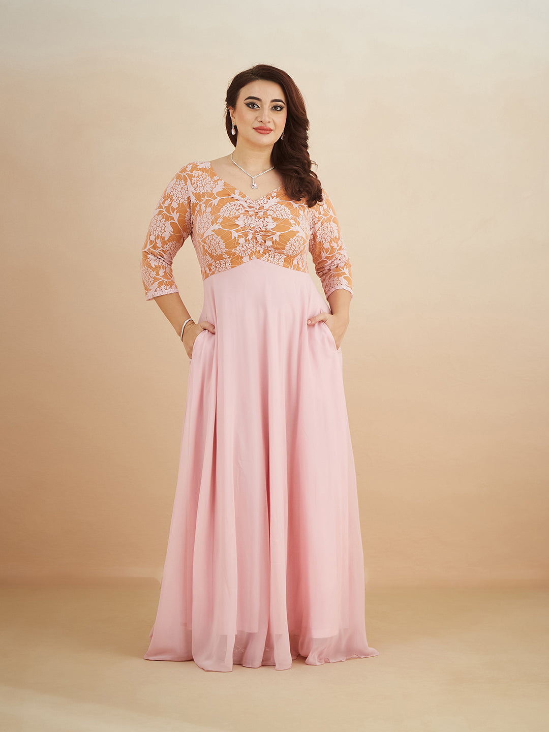 Dusty Pink V-Neck Raglan-Sleeve Self-Designed Empire-Styled Georgette Maxi Dress for Women
