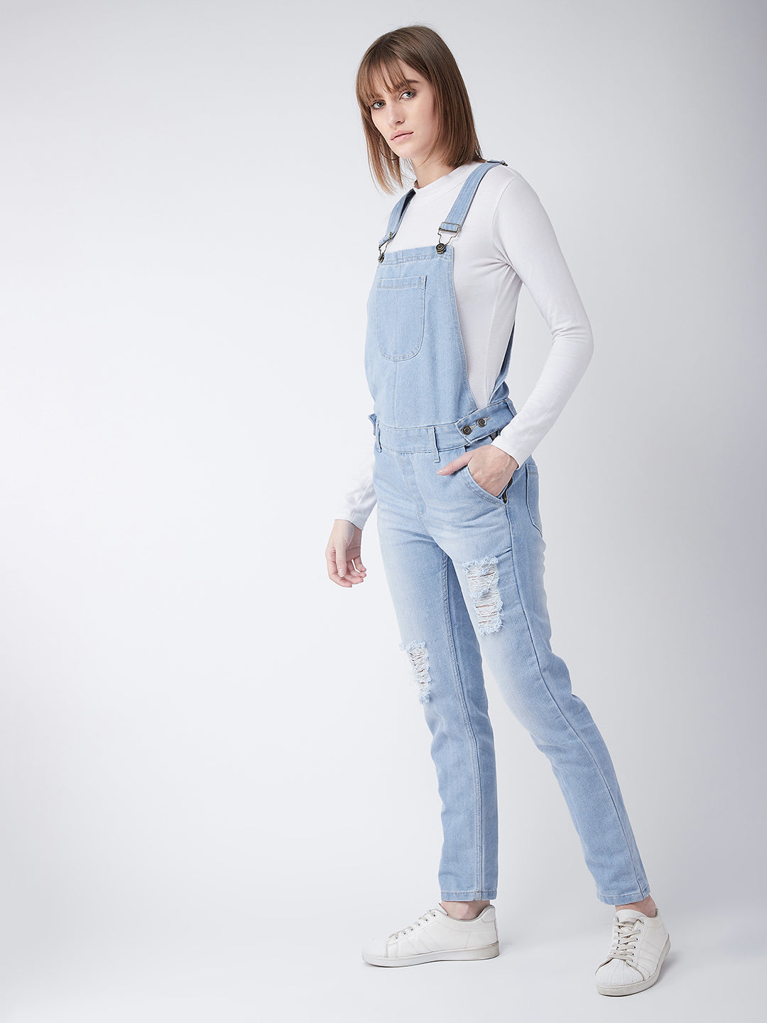 Women's Light Blue Regular Fit Mid Rise Regular Length Ripped Denim Dungaree