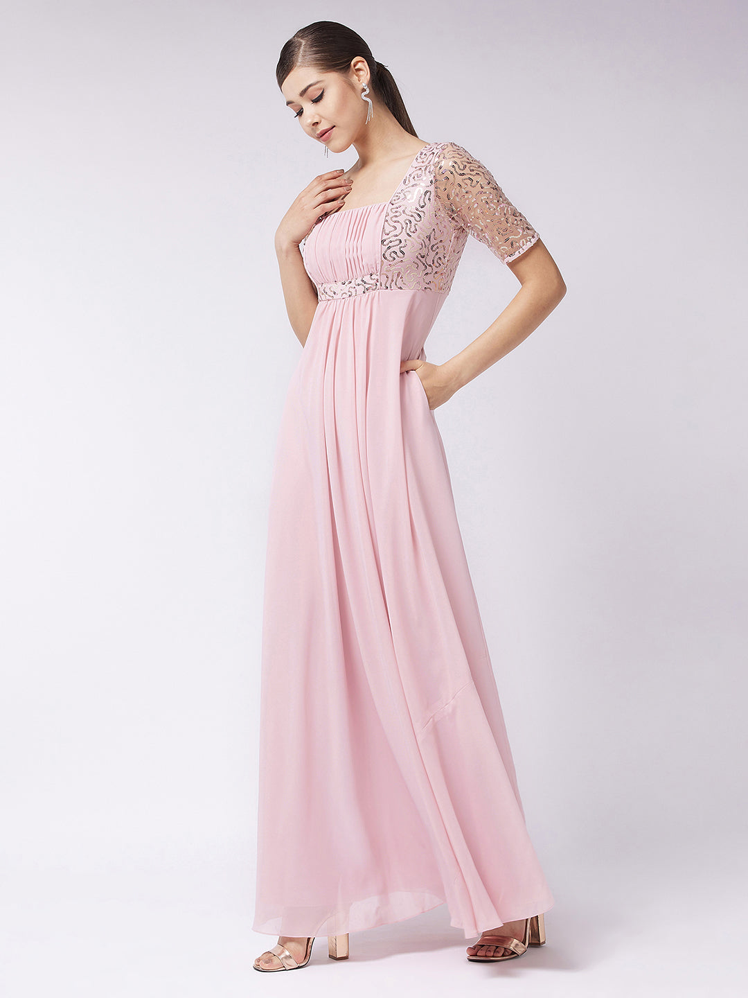 Women's Dusty Pink Square Neck Half Sleeve Solid Embellished Maxi Dress