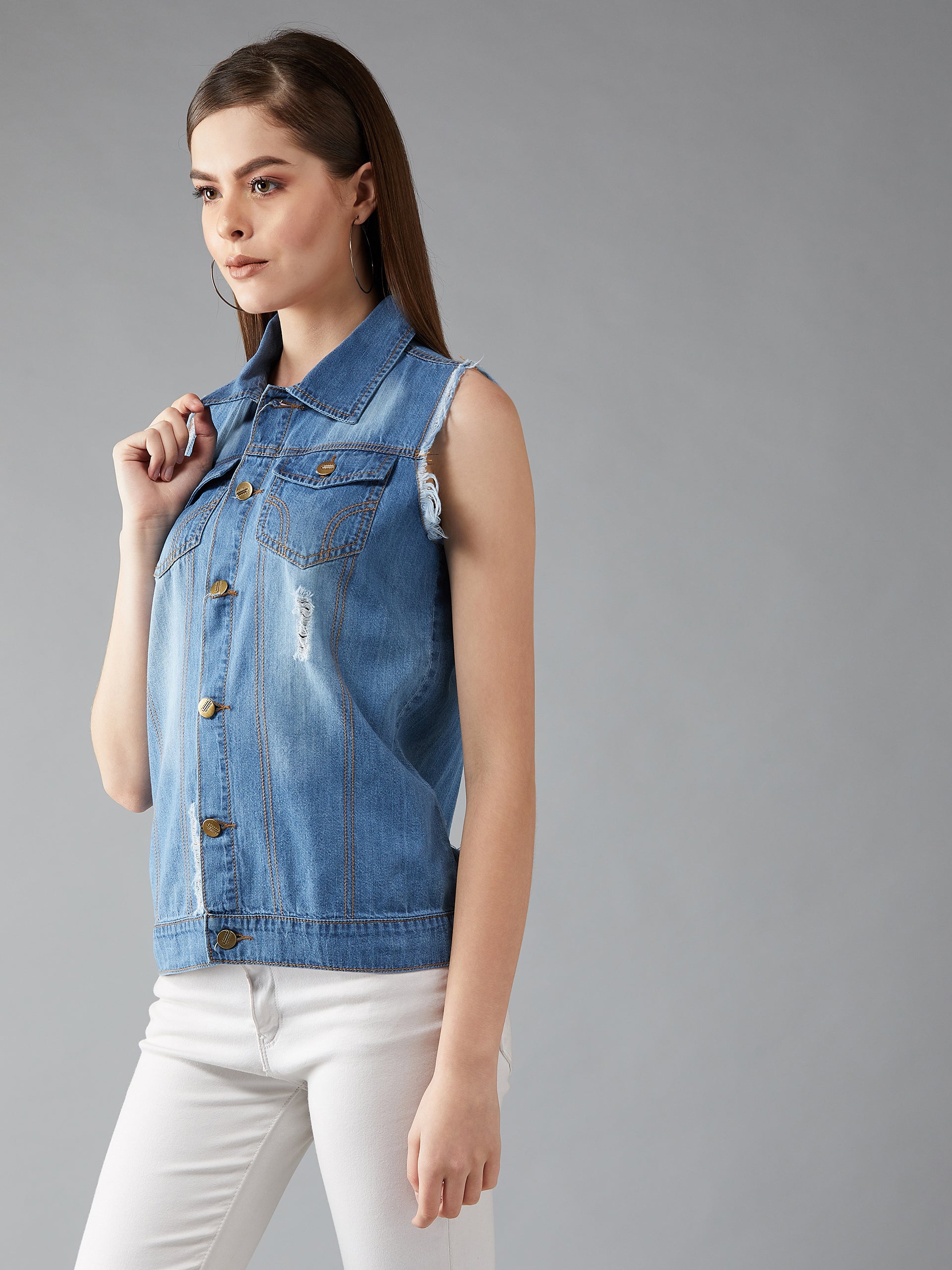 Women's Blue Polo Neck Sleeveless Denim Solid with Fringe Edge Detailing Jacket