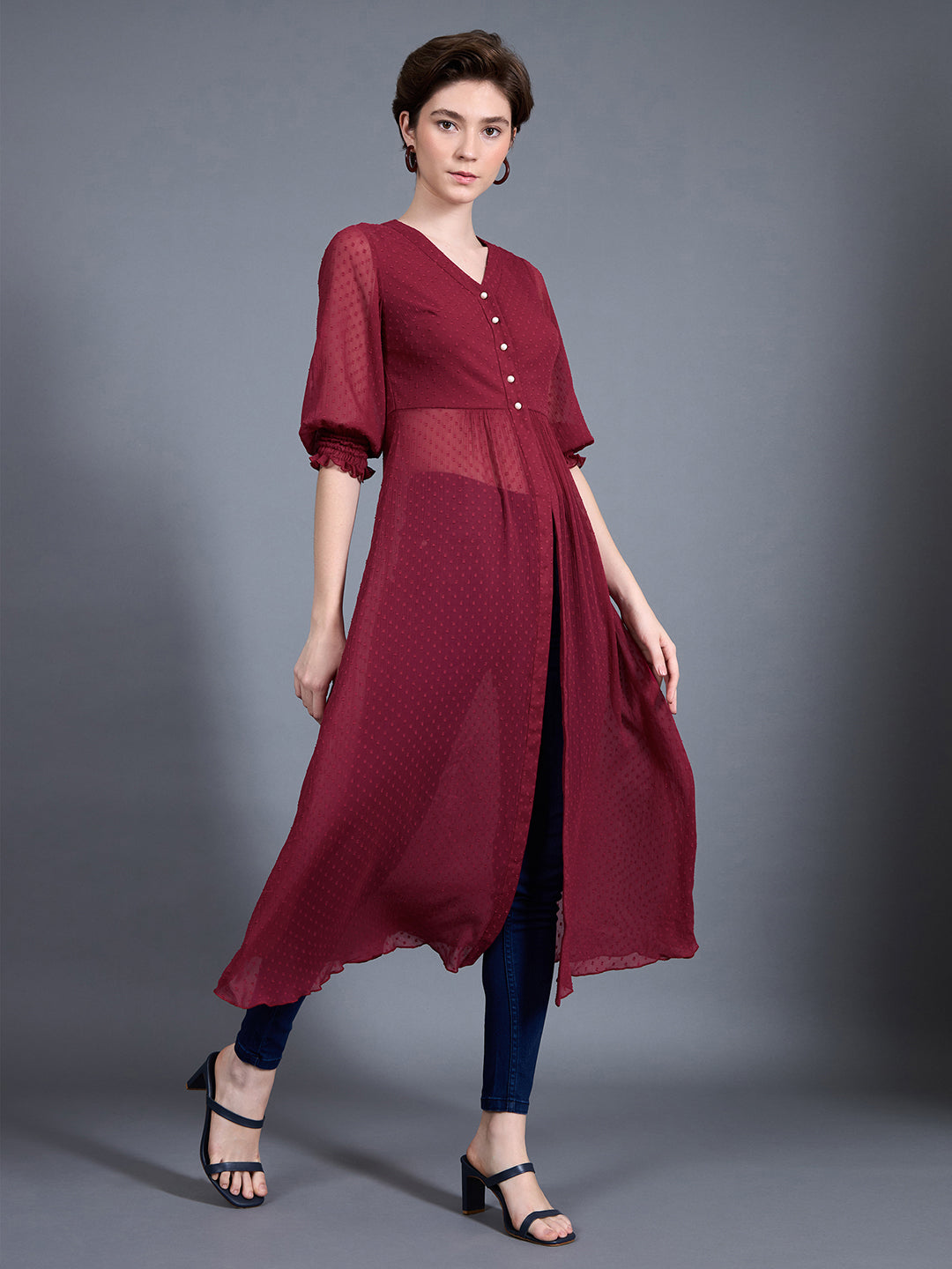 Women's Maroon V-Neck 3/4 Sleeves solid empire Maxi Top