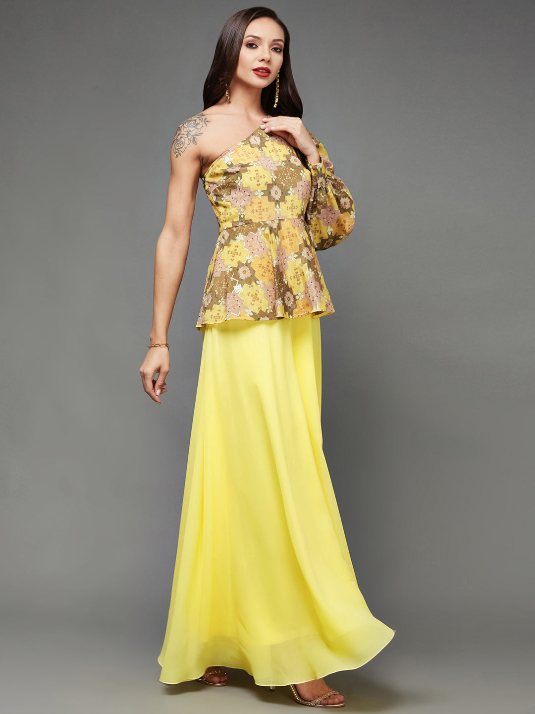 Women's Multicolored-Base-Yellow  Geometric One Shoulder Neck Bishop Sleeves Georgette Layered Regular-Length Jumpsuit