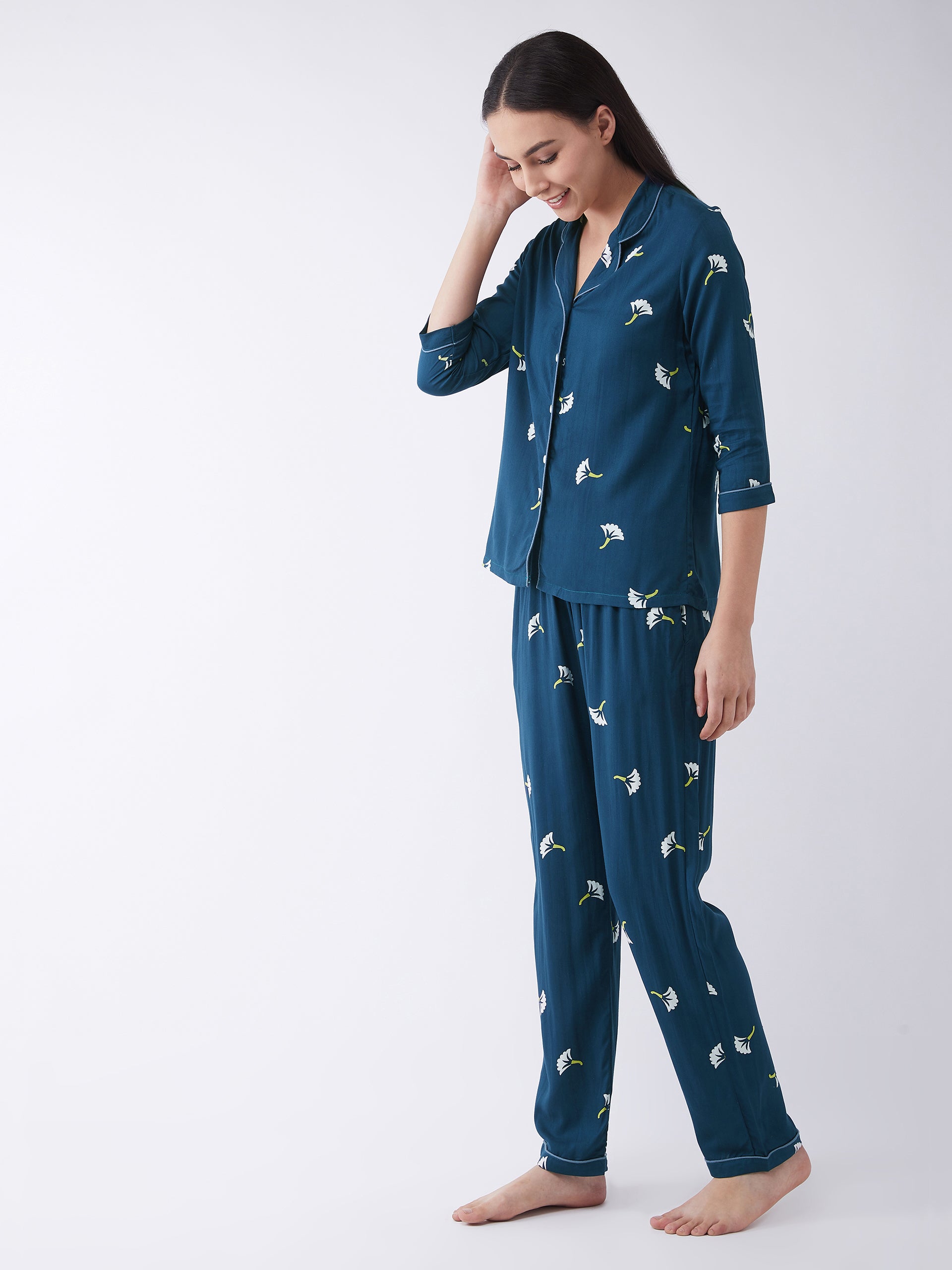 Women's Teal Regular length Printed Three-fourth Sleeves Collared Night Suit Set