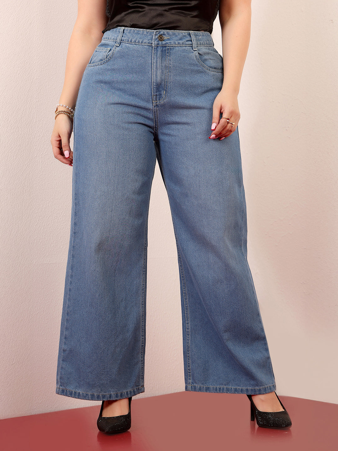 Women's Light Blue Wide-Leg High-Rise Clean-Look Regular-Length Non-stretchable Denim Jeans