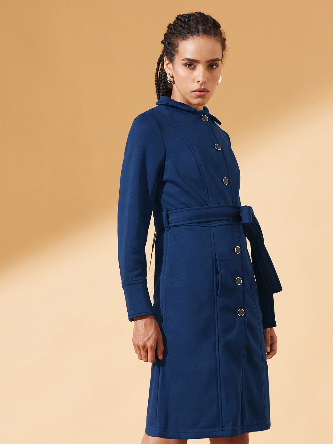 Navy-Blue Collared Full Sleeve Solid Tie-up Longline Jacket for Women