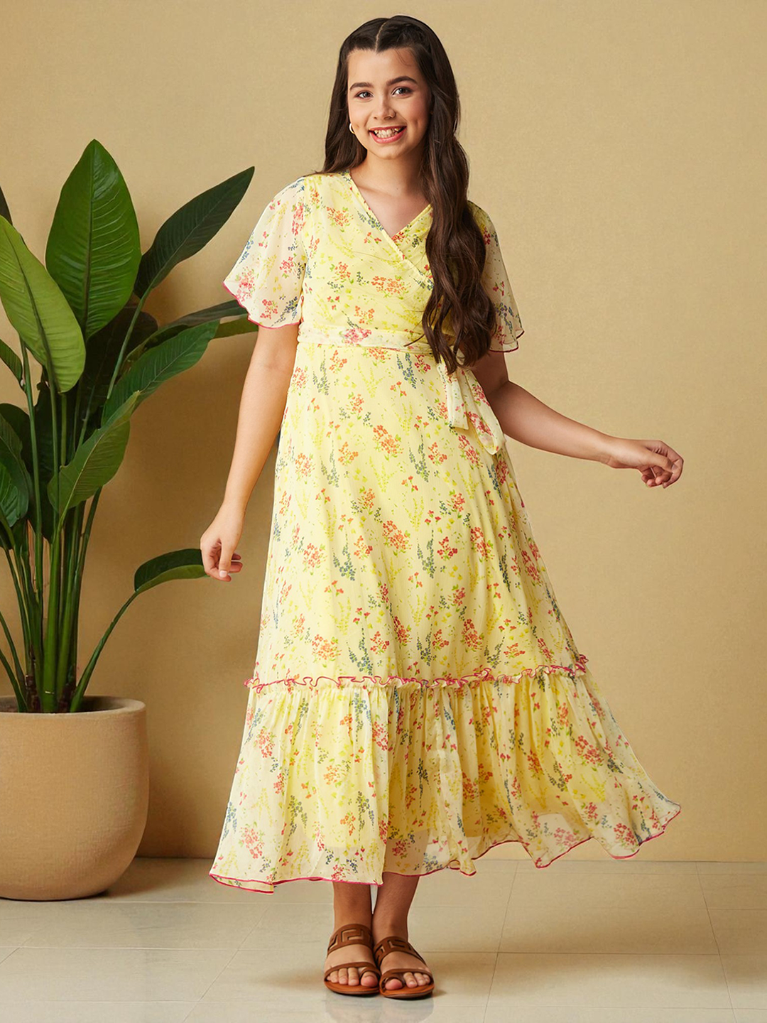 Multicolored-Base-Yellow V Neck Flared Sleeve Floral Wrap Maxi Dress for Girls/Teenagers for Women — Mizuki