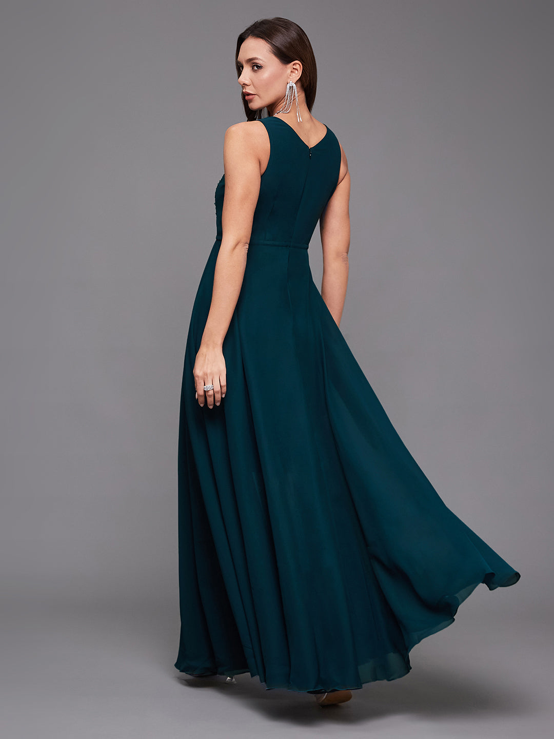 Women's Teal V-Neck Sleeveless Sequined Layered Georgette Party Maxi Dress