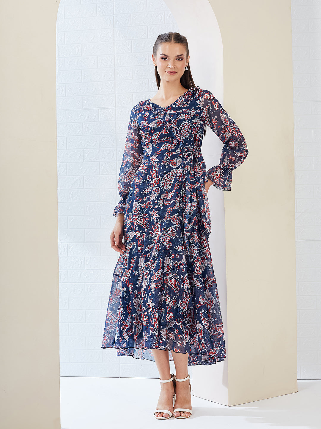 Navy Blue V Neck Full Sleeves Polyester Relaxed Fit Midi Length Dress for Women