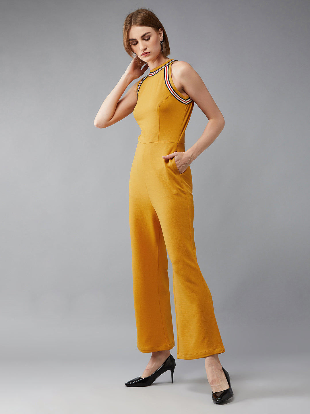 Women's Mustard Yellow Halter Neck Sleeveless Polyknitted Solid Straight Leg Regular Length Jumpsuit