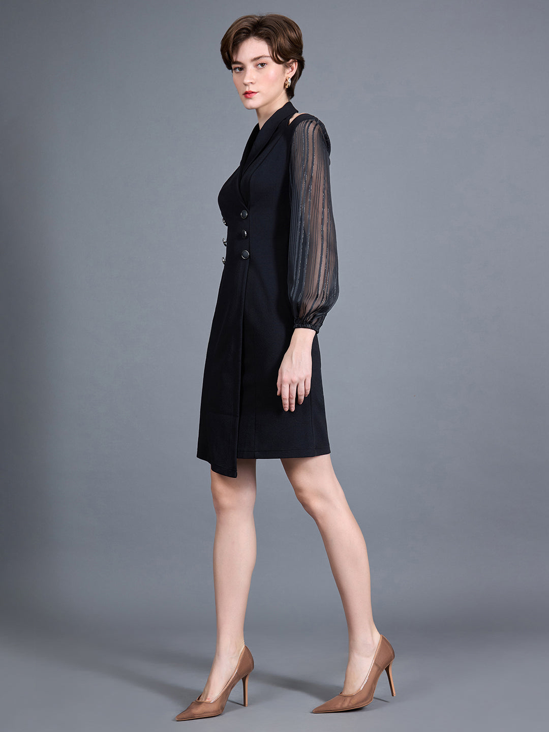 Women's Black Shawl Collar Bishop Sleeves Solid Double Breasted Knee Length Dress