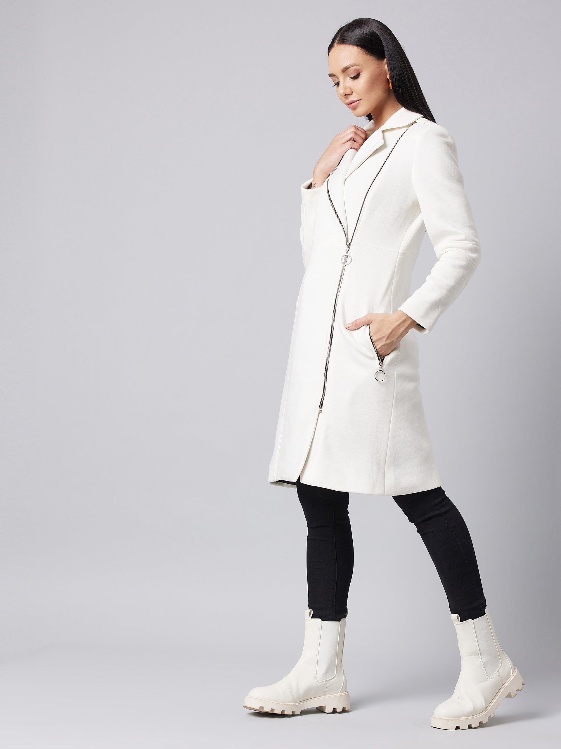 Women's Off-White Notch Collar Multi Panelled Full Sleeve Solid Double Breasted Knee Length Jacket