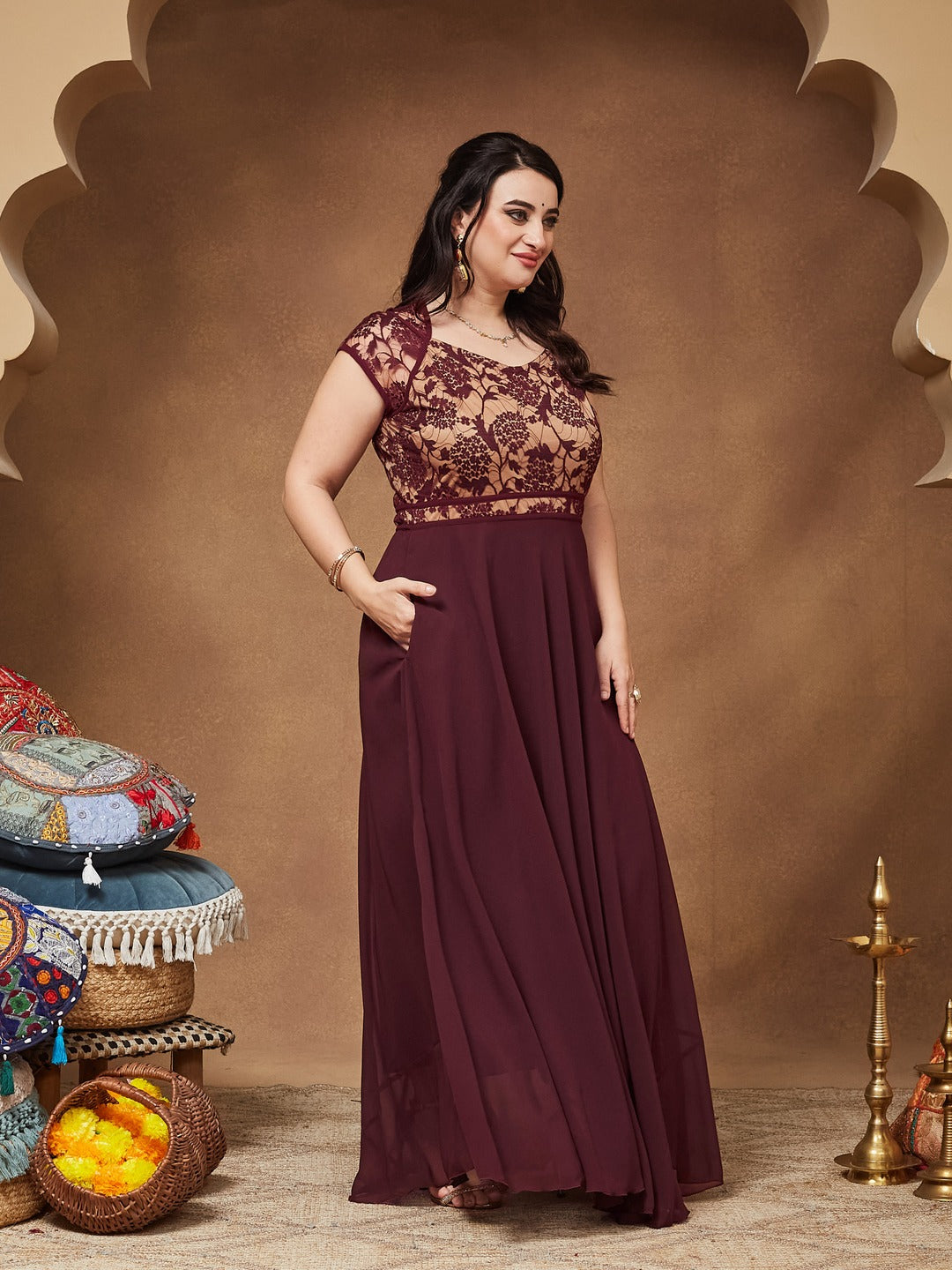 Wine & Beige Floral V - Neck Cap Short Sleeves Lace Overlaid Fit & Flare Paneled Maxi Dress for Women
