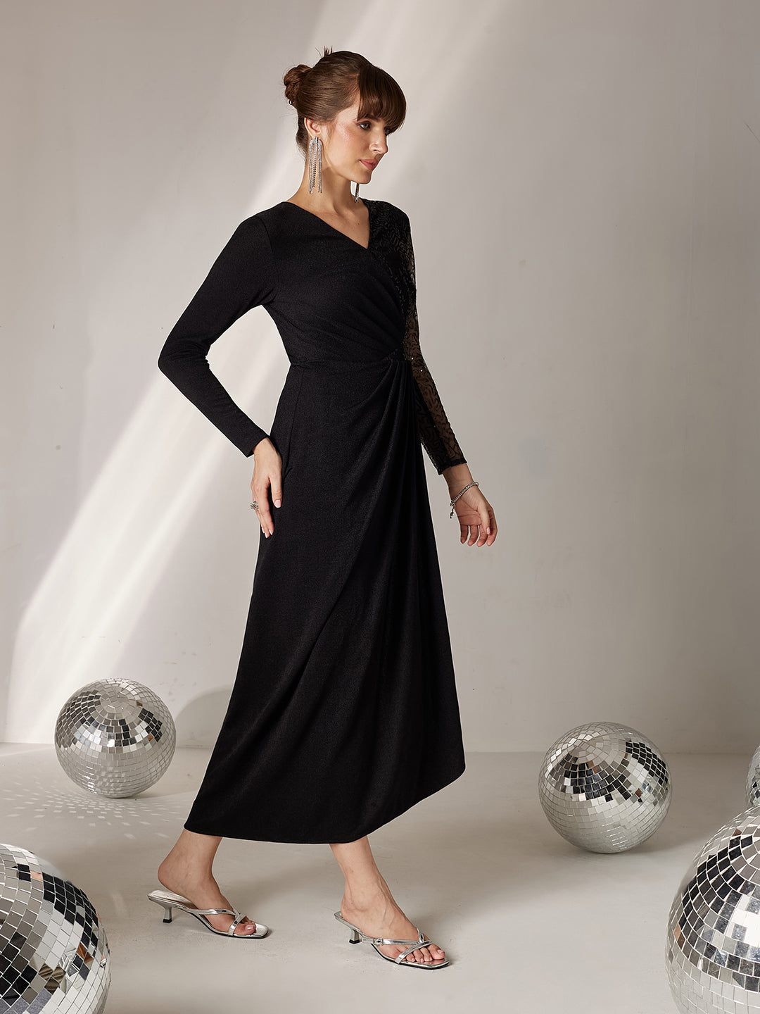 Women's Black V-Neck Full Sleeve Embellished Pleated Longline Dress