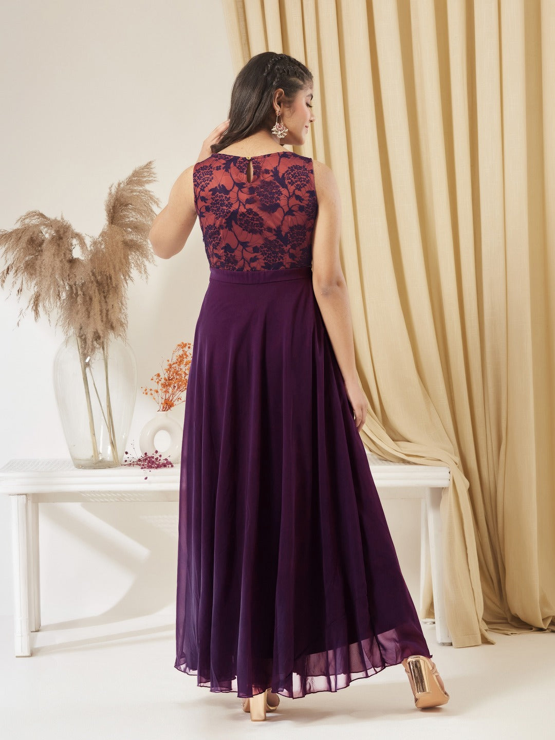 Dark Purple Round Neck Sleeveless Georgette & Lace Floral Fit & Flare Maxi Dress for Girls/Teenagers