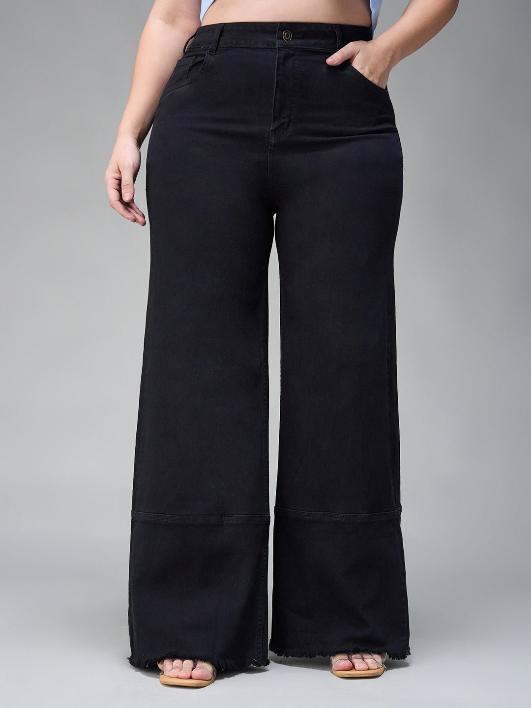 Women's Black Wide Leg High Rise Stretchable Denim Jeans