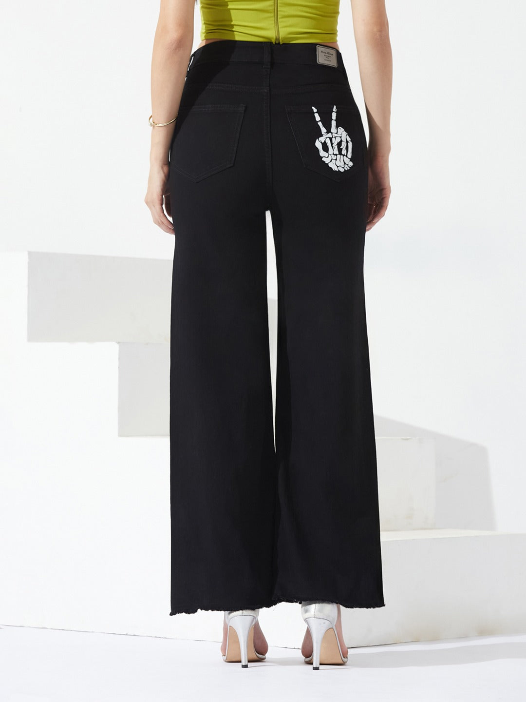 Black Wide Leg high-rise Hand Painted Skeleton Art Stretchable Denim Jeans for Women