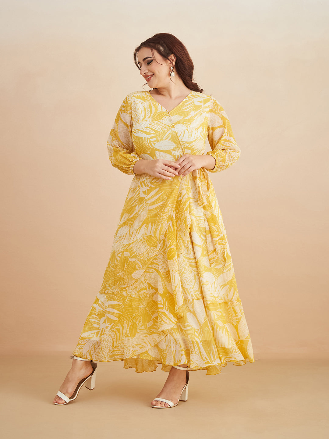 Yellow & White V neck Full sleeve Floral Layered Maxi Dress for Women
