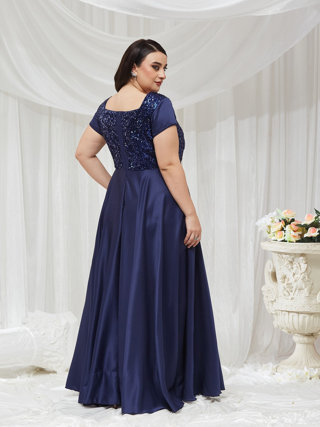 Navy Blue Square Neck Short Sleeve Embellished Polyester Fit & Flare Maxi Dress for Women — Miss Chase A+