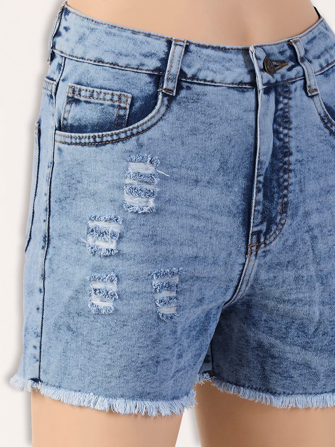 Women's Light Blue Relaxed-Fit Mid-Rise High-Distress Regular Denim Shorts