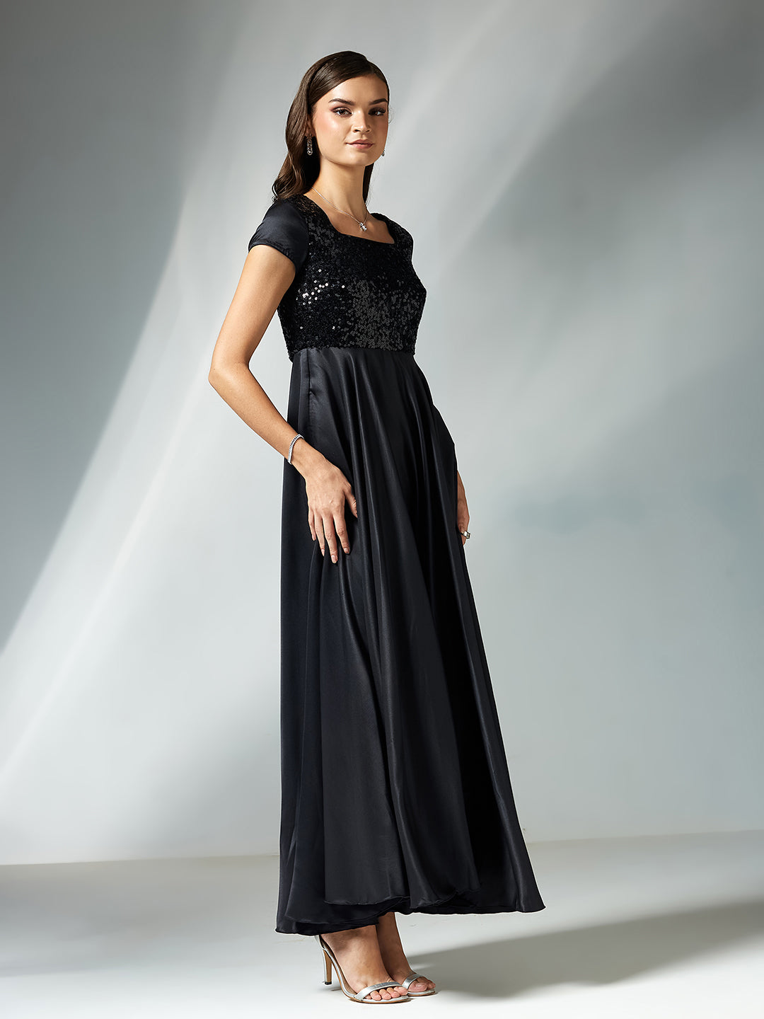 Women's Black Square Neck Short Sleeve Embellished Polyester Fit & Flare Maxi Dress