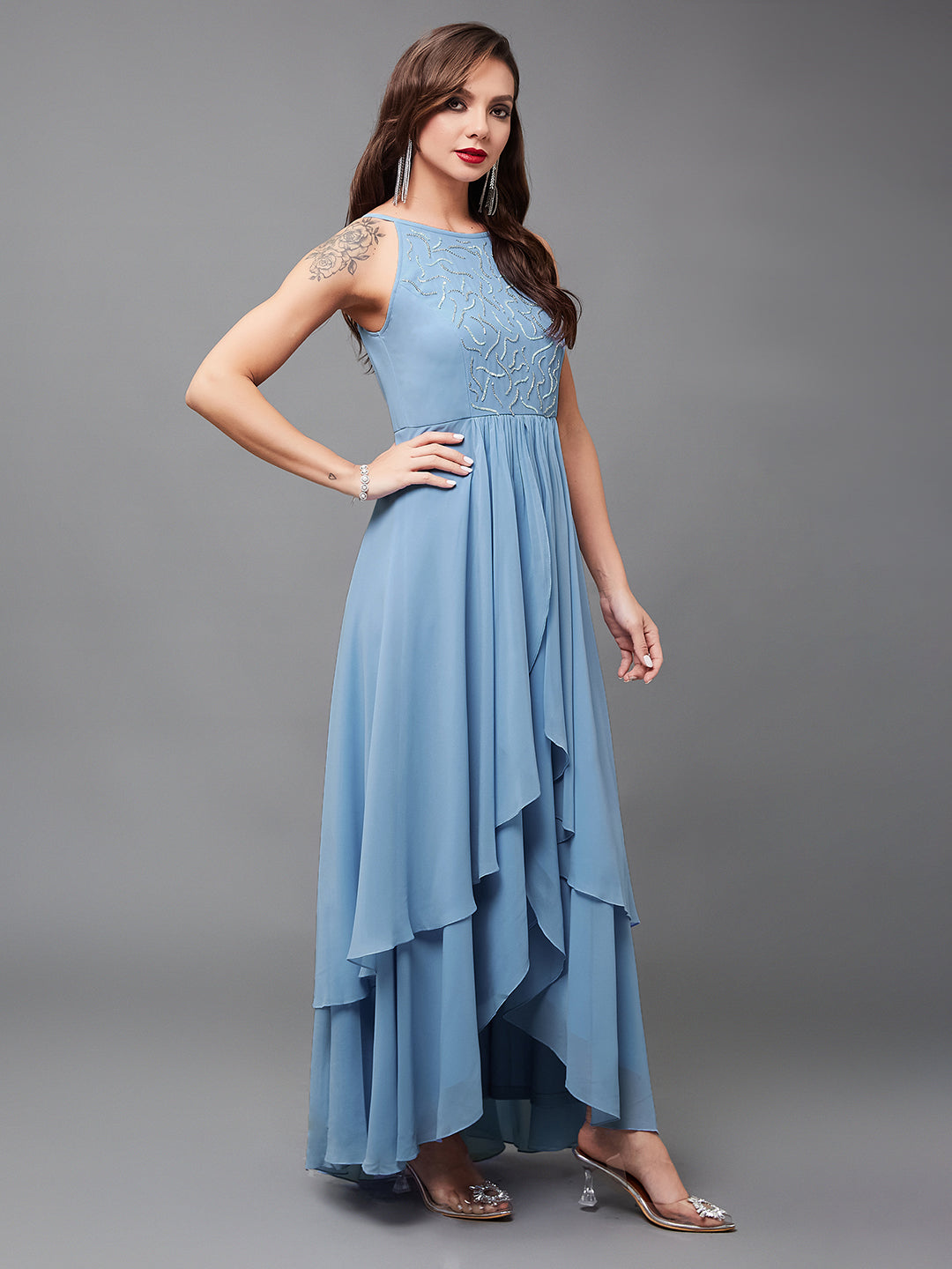 Women's Powder Blue Halter-Neck Sleeveless Embroidered Layered Georgette Maxi Dress