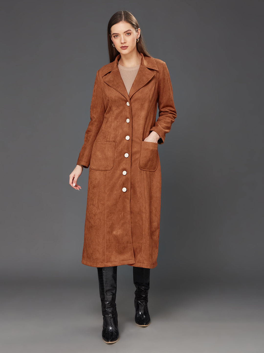 Brown Solid V-Neck Full Sleeves Patched Pocketed Polyester Button Down Longline Winter Wear Jacket for Women — Miss Chase