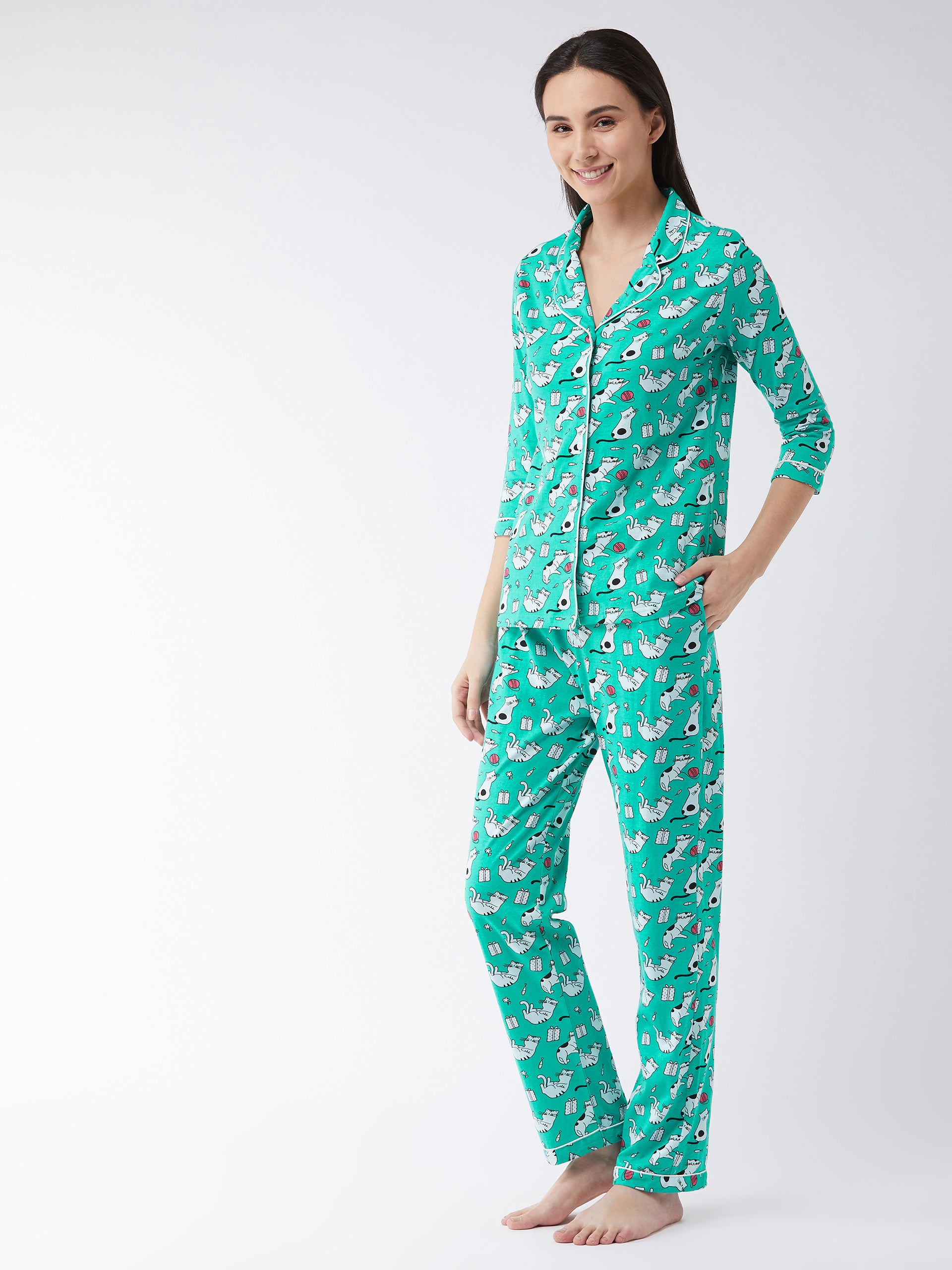 Women's Mint Green Printed Cotton Relaxed Fit Collared 3/4th Sleeve Regular Length Night Suit Set
