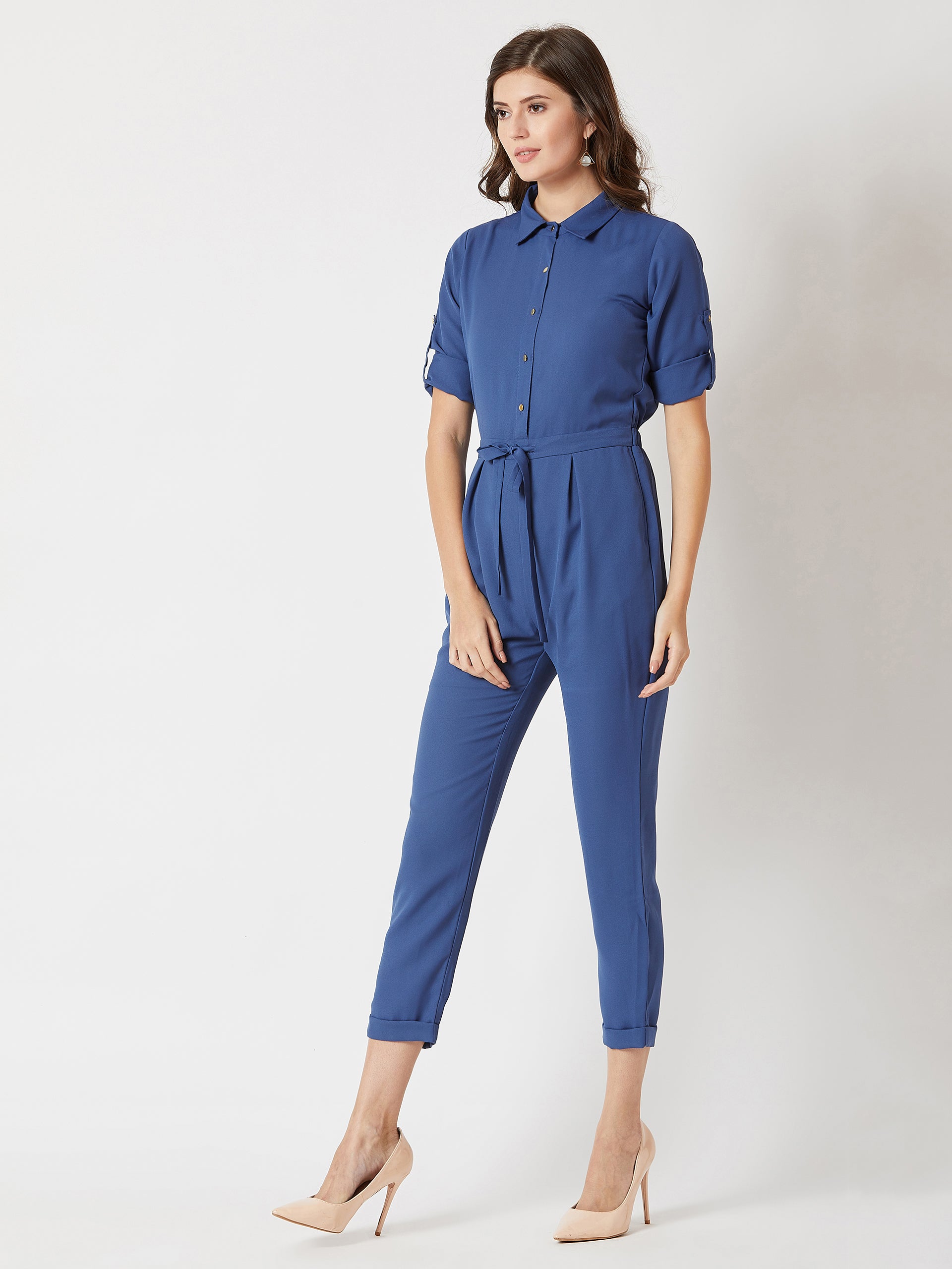 Azure Blue Collared 3/4 Sleeves Collared Tie-Up Detailing Solid Straight-Fit Leg Jumpsuit for Women — Miss Chase