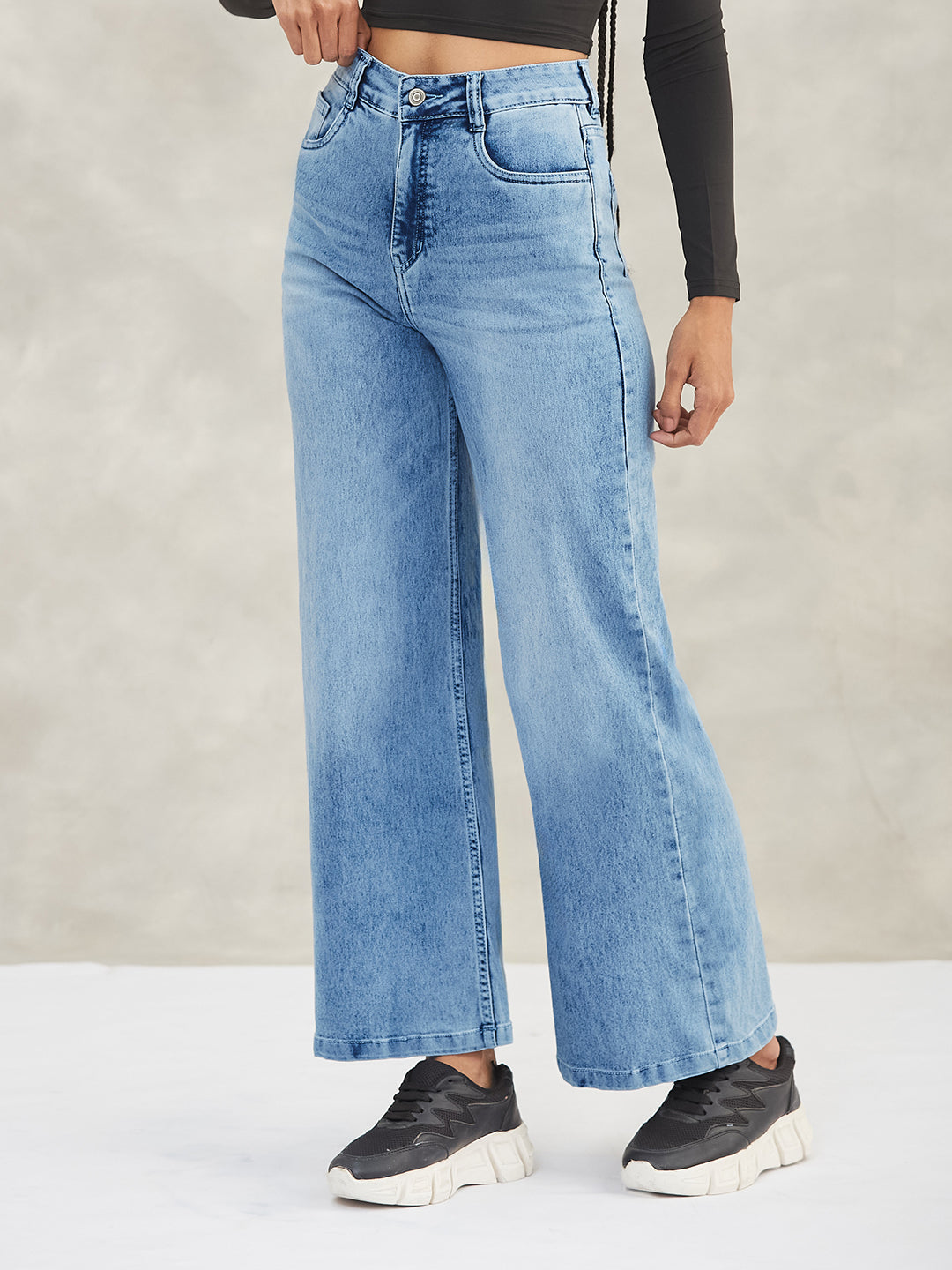 Women's Light Blue Wide-Leg High-Rise Stretchable Shaping Denim Jeans