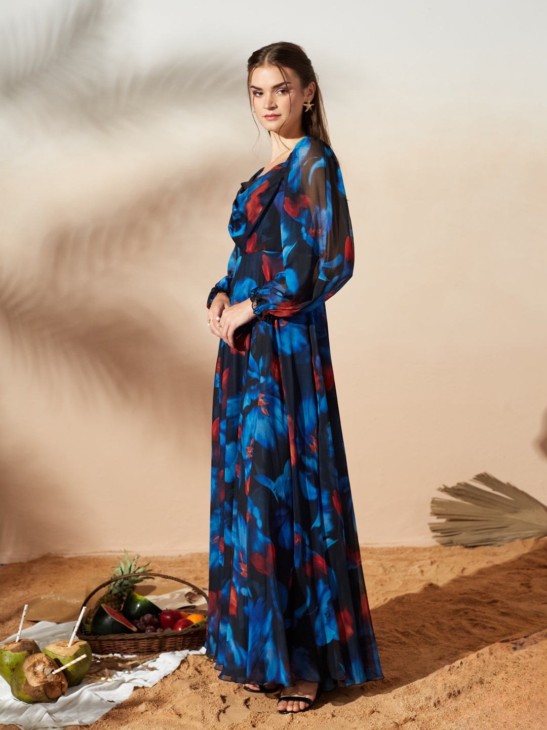 Black V-Neck Puff Floral Overlap/ Tiered Maxi Chiffon Ethnic Dress for Women — Miss Chase