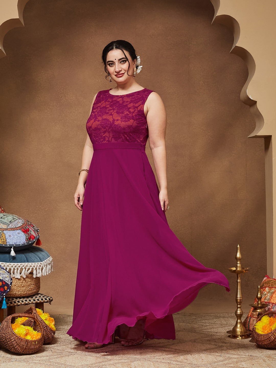 Dark Pink & Rust Boat Neck Sleeveless Self Design Lace Overlaid Regular Dress for Women — Miss Chase A+