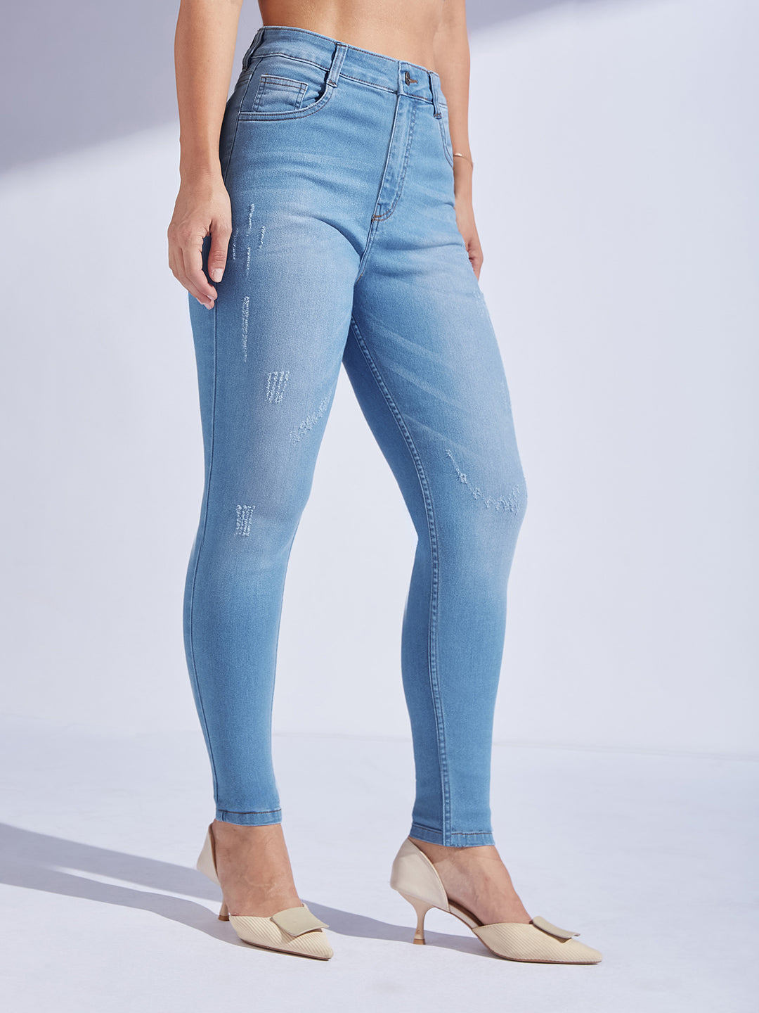 Women's Blue Skinny High-Rise Mild-Distress Stretchable Denim Jeans